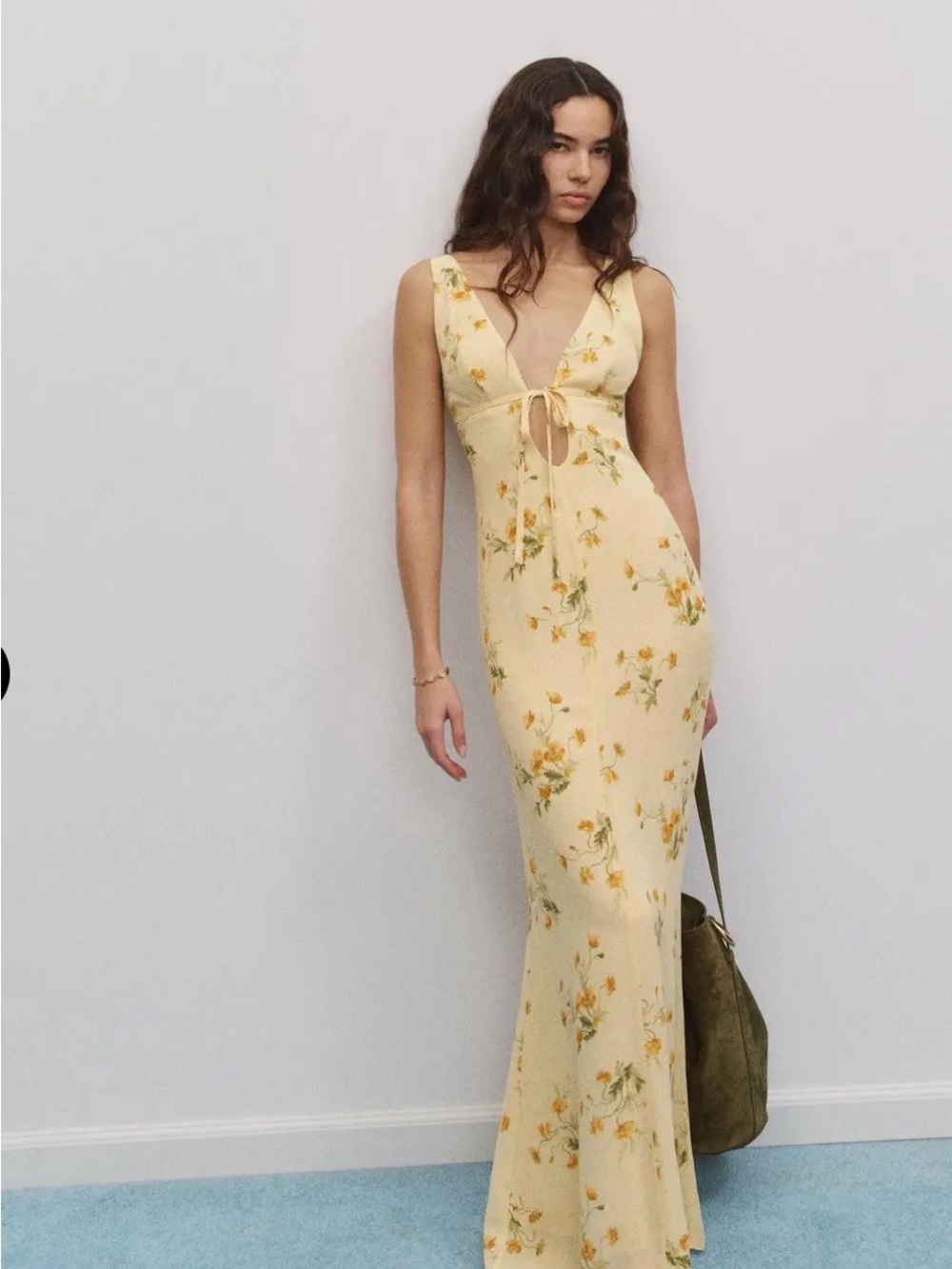 Reformation Pale Yellow Floral Tie-Front Maxi Dress